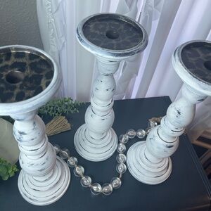 3 Tall White Distressed Wooden Candleholders With Animal Print On Top